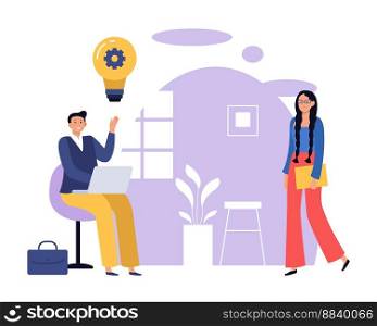 Creative idea. Man sitting and working at laptop generating thoughts. Female character coming to colleague. Business solution or innovation concept. Cartoon employees working vector. Creative idea. Man sitting and working at laptop generating thoughts. Female character coming to colleague