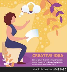 Creative Idea Square Banner. Young Woman Sitting on Chair with Illuminated Light Bulb over Head. Creative Business Idea, Insight, Innovation, New Project Development. Cartoon Flat Vector Illustration. Woman Sitting with Illuminated Light Bulb Head