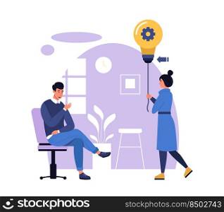 Creative idea. Woman coming with light bulb to colleague. Smart worker sharing innovation or solution with male employee. Cartoon female character having business idea vector illustration. Creative idea. Woman coming with light bulb to colleague. Smart worker sharing innovation or solution
