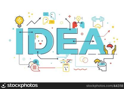 Creative idea word concept, word lettering design illustration with line icons and ornaments in blue theme