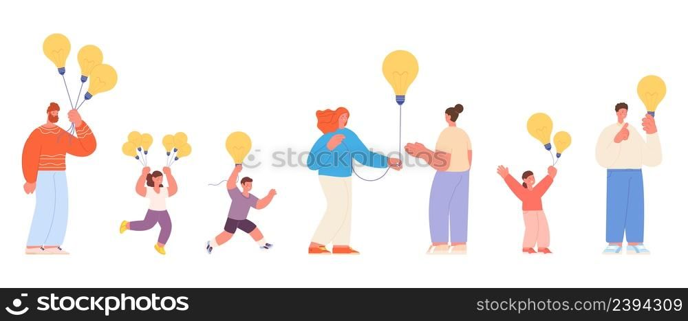 Creative ideas. Adults children with new idea, happy creativity. Sharing thoughts and inspire. Collaboration and business start metaphor, vector characters. Illustration of child idea creative. Creative ideas. Adults children with new idea, happy creativity. Sharing thoughts and inspire. Collaboration and business start metaphor, vector characters