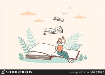 Creative ideas and books message concept. Smiling woman cartoon character sitting on open book page as meaning author moral idea and hidden information vector illustration. Creative ideas and books message concept