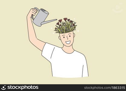 Creative ideas, development, individual growth concept. Young smiling happy man cartoon character standing watering head full of flowers blooming in pot vector illustration . Creative ideas, development, individual growth concept