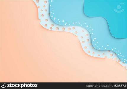 Creative illustration summer concept. Abstract paper art background sea wave and beach paper cut style from top view. Summer season design for poster, wallpaper, web banner, poster, sale advertising.