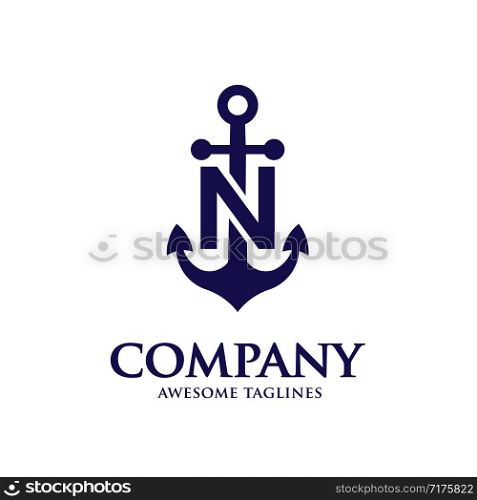 creative initial letter n with Anchor blue color logo vector concept
