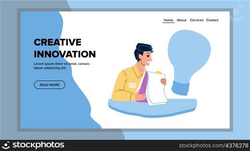 Creative Innovation Developing Manager Boy Vector. Young Businessman Creative Innovation Planning And Development. Character Man With Innovative Solution Web Flat Cartoon Illustration. Creative Innovation Developing Manager Boy Vector