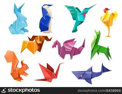 Creative Japanese origami flat item set. Cartoon colorful polygon hare, bird, dragon, bull, and squirrel isolated vector illustration collection. Paper animals and art craft hobby concept