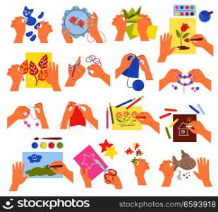 Creative kids hands knitting embroidering folding origami making homemade beads bracelet drawing coloring icons set vector illustration . Creative Kids Set