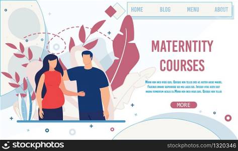 Creative Landing Page for Maternity School Courses. Theoretical and Practical Lessons for Future Mothers. Studying and Training. Cartoon Pregnant Woman and Man. Vector Flat Illustration. Creative Landing Page for Maternity School Courses