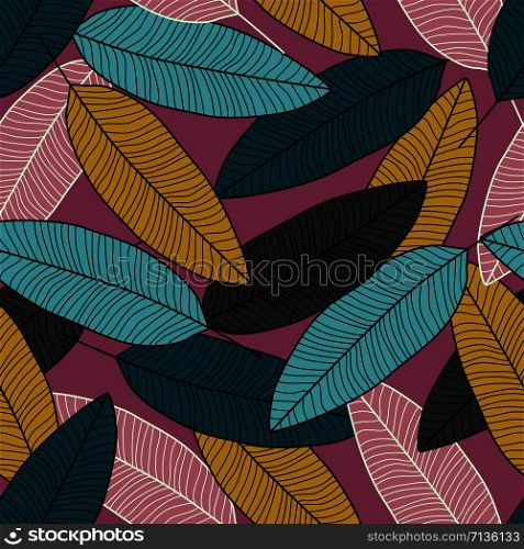 Creative leaf wallpaper. Modern leaves seamless pattern on pink background. Printing, textile, fabric, fashion, interior, wrapping paper. Contemporary vector illustration. Creative leaf wallpaper. Modern leaves seamless pattern on pink background.