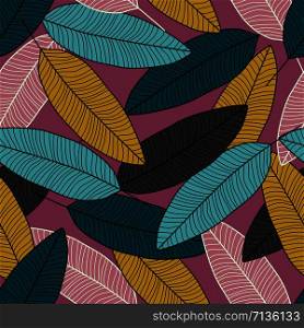 Creative leaf wallpaper. Modern leaves seamless pattern on pink background. Printing, textile, fabric, fashion, interior, wrapping paper. Contemporary vector illustration. Creative leaf wallpaper. Modern leaves seamless pattern on pink background.