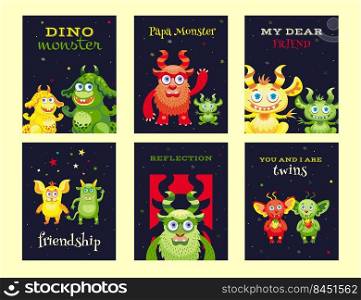 Creative leaflet designs with friendly monsters. Variety of funny mascots on dark background. Celebration and Halloween party concept. Template for promotional leaflet or flyer