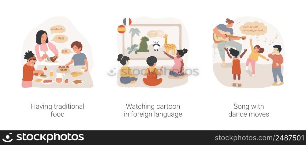 Creative learning of foreign language isolated cartoon vector illustration set. Having traditional food, watching cartoon in foreign language, song with dance moves, cooking class vector cartoon.. Creative learning of foreign language isolated cartoon vector illustration set.