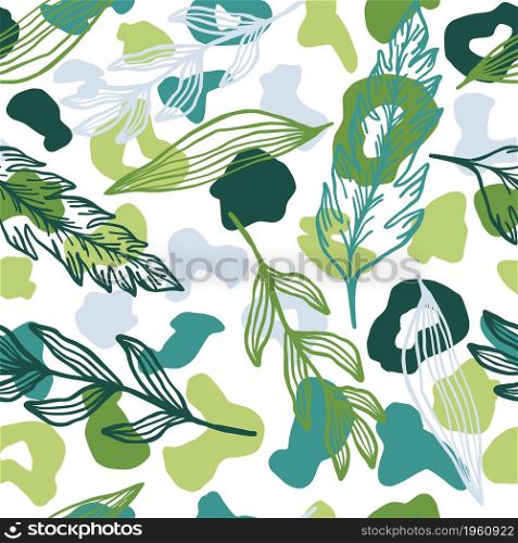 Creative leopard skin and outline leaves seamless pattern. Contemporary tropical collage wallpaper. Spring floral vector illustration. Design for fabric , textile print, surface, wrapping, cover.. Creative leopard skin and outline leaves seamless pattern. Contemporary tropical collage wallpaper.