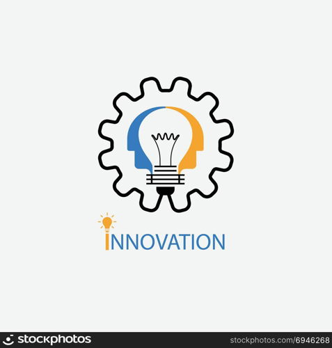 Creative light bulb,Gear icon and Human heads vector design banner template.Corporate business and industrial creative logotype symbol.Brainstorming and Innovation concept.Vector flat design illustration