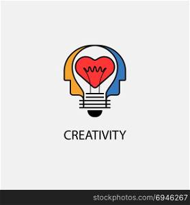 Creative light bulb,Heart icon and Human heads vector design banner template.Corporate business and industrial creative logotype symbol.Brainstorming and teamwork concept.Vector flat design illustration