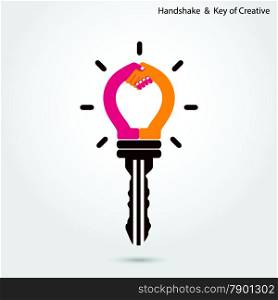 Creative light bulb idea and handshake sign with key symbol. Key of success. Business ideas.Vector illustration.