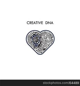 Creative light bulb idea concept and fingerprint pattern with heart symbol. Education or business ideas.Creativity or innovation concept.Constructionism and Knowledge management.Vector illustration