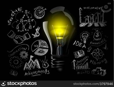 Creative light bulb idea with business hand drawn symbols