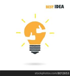 Creative light bulb logo design vector template with small hand.Best idea,good idea sign.Education and business logotype concept.Freehand vector sketches isolated over white background. Vector illustration