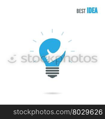 Creative light bulb logo design vector template with small hand.Best idea,good idea sign.Education,business logotype concept.Vector illustration