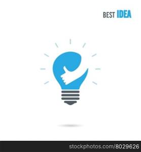 Creative light bulb logo design vector template with small hand.Best idea,good idea sign.Education,business logotype concept.Vector illustration