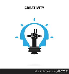Creative light bulb,pencils and Human heads vector design banner template.Corporate business and industrial creative logotype symbol.Brainstorming and teamwork concept.Vector flat design illustration