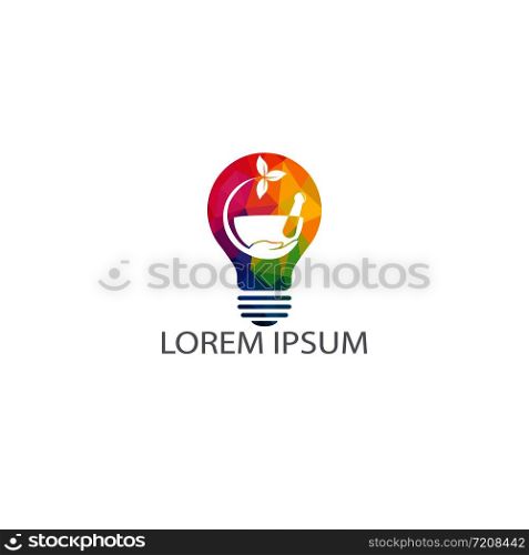 Creative Light Bulb Pharmacy medical logo design. Natural mortar and pestle logotype, medicine herbal illustration symbol icon vector design.