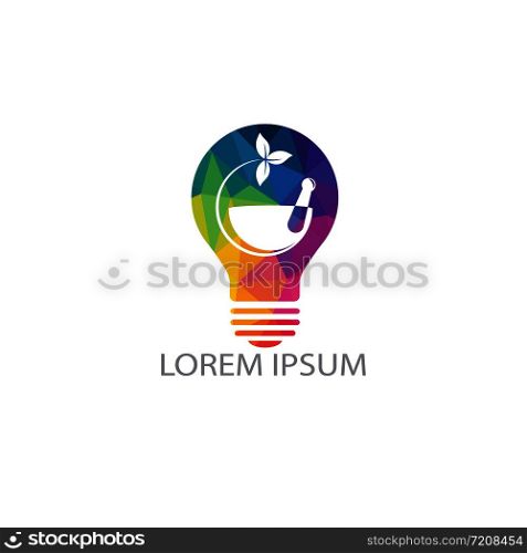 Creative Light Bulb Pharmacy medical logo design. Natural mortar and pestle logotype, medicine herbal illustration symbol icon vector design.