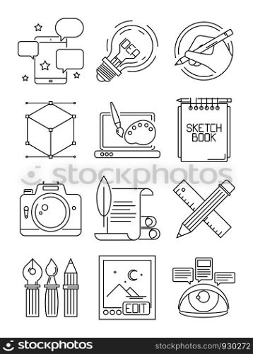 Creative line icons. Process of artists branding blogging graphic symbols vector arts isolated. Branding and prototyping, sketch tool for blogging illustration. Creative line icons. Process of artists branding blogging graphic symbols vector arts isolated