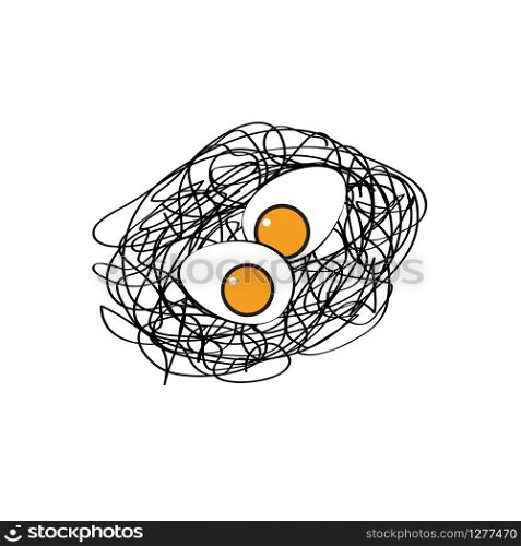 Creative logo of a scrawled nest with two eggs and yolks. Vector isolated abstract illustration