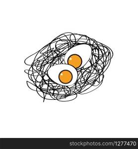 Creative logo of a scrawled nest with two eggs and yolks. Vector isolated abstract illustration