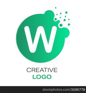 Creative logo. The letter W on a round dot with splashes. Vector illustration for logo, sticker, brand, sticker isolated on white background.
