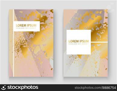 Creative luxurious and rich cover frame design paint golden splatter, gold glitter vector illustration. Pink light abstract template invitation. Marble pattern geometric shape greeting card background