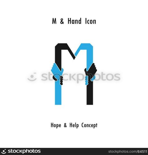 Creative M- alphabet icon abstract and hands icon design vector template.Business offer,partnership,hope,support or help concept.Corporate business and industrial logotype symbol.Vector illustration