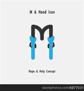 Creative M- alphabet icon abstract and hands icon design vector template.Business offer,partnership,hope,support or help concept.Corporate business and industrial logotype symbol.Vector illustration