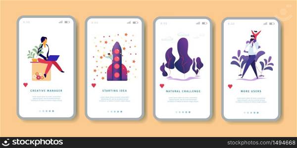 Creative Manager, Starting Idea, Natural Challenge, More Users Mobile App Page Onboard Screen Set for Website. Start Up, Nature, Family, Employee. Cartoon Flat Vector Illustration, Vertical Banner