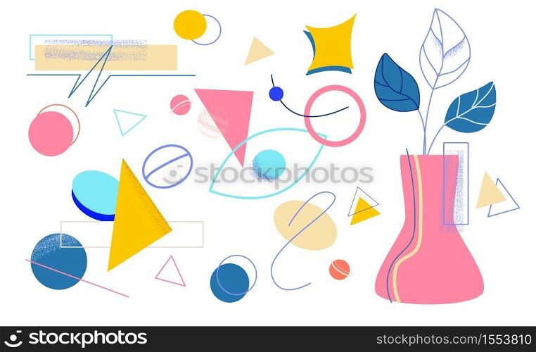 Creative memphis design. Stylish colored triangles and circles modern abstract geometric shape graphic vase with leaves colorful vector art lines.. Creative memphis design. Stylish colored triangles and circles modern abstract.
