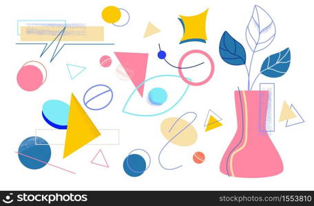 Creative memphis design. Stylish colored triangles and circles modern abstract geometric shape graphic vase with leaves colorful vector art lines.. Creative memphis design. Stylish colored triangles and circles modern abstract.