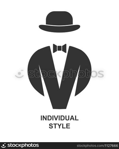 Creative men&rsquo;s fashion brand. tailcoat with bow tie and bowler hat.. Isolated on white background. flat style.