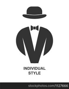 Creative men&rsquo;s fashion brand. tailcoat with bow tie and bowler hat.. Isolated on white background. flat style.