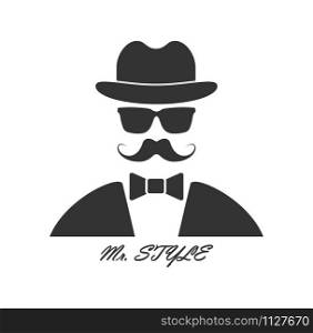 Creative men&rsquo;s fashion brand. tailcoat with bow tie, bowler hat and mustache with glasses. Isolated on white background. flat style.