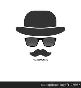 Creative men&rsquo;s style. Bowler hat with glasses and mustache. Gentleman icon. Isolated on white background. flat style.