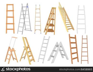 Creative metal and wooden ladders flat set for web design. Cartoon different types of stepladders for painters and builders isolated vector illustration collection. Construction and building concept