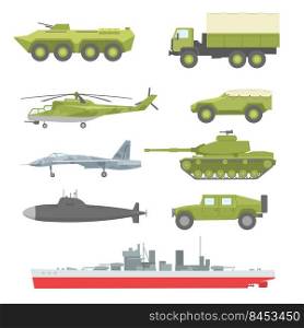 Creative military technics collection for web design. Cartoon armored vehicles, aircraft and submarine isolated vector illustrations. Army transport, aviation and equipment concept