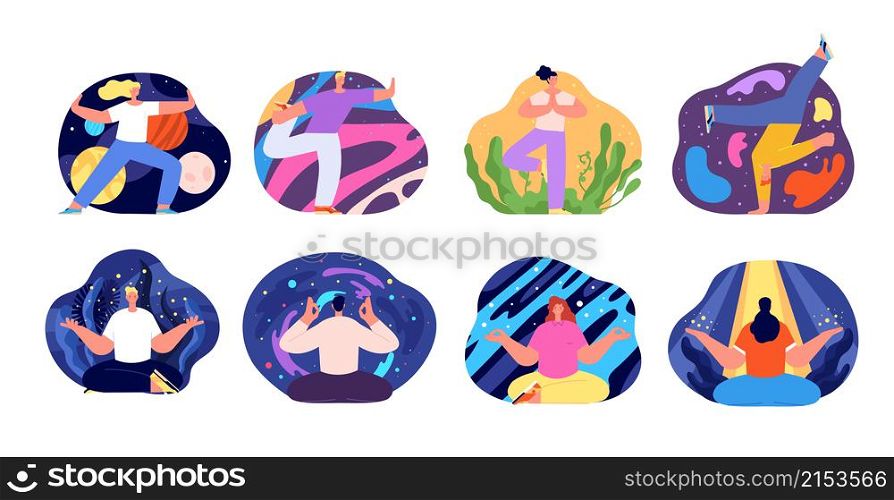 Creative mind process. Creativity characters in abstract shapes, people balanced in yoga poses. Meditation process in universe utter vector set. Illustration brainstorm discovery strategy. Creative mind process. Creativity characters in abstract shapes, people balanced in yoga poses. Meditation process in universe utter vector set
