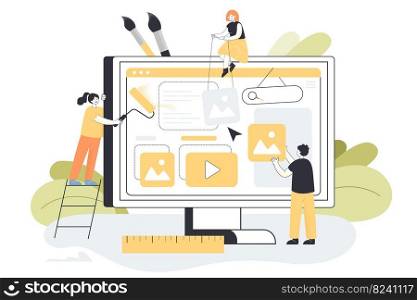 Creative mini designers changing website interface. Tiny persons covering computer screen with paint and digital content flat vector illustration. Teamwork, marketing development concept for banner