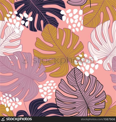 Creative monstera leaf seamless pattern on pink background. Tropical leaves botanical backdrop. Design for printing, textile, fabric, fashion, interior, wrapping paper. Vector illustration