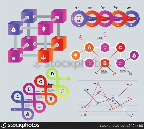 Creative multicolored diagrams set. Can be used for presentation template, web design, annual report. Business concept. Cube chart Four option graph Flowchart Arrow loop chart Comparison line chart