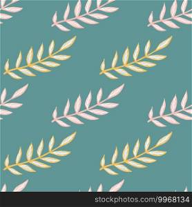 Creative nature seamless pattern with light yellow and pink colored branches. Blue pastel background. Designed for fabric design, textile print, wrapping, cover. Vector illustration. Creative nature seamless pattern with light yellow and pink colored branches. Blue pastel background.